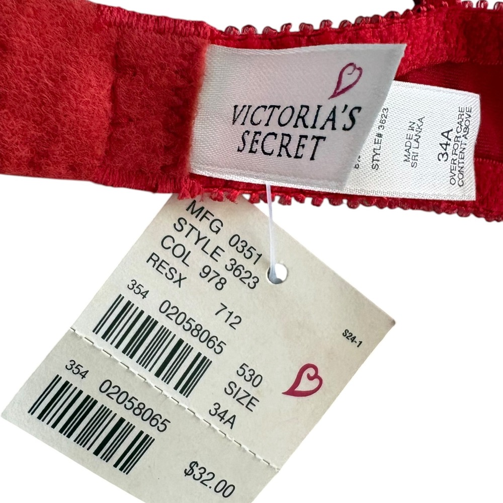 Victoria's Secret Vintage 90's Red Gold Floral Lace Underwire Bra 34A Deadstock - Picture 5 of 8